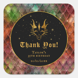 Rainbow Dragon Scales Gold Birthday Thank You Square Sticker