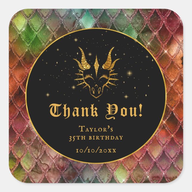 Rainbow Dragon Scales Gold Birthday Thank You Square Sticker (Front)