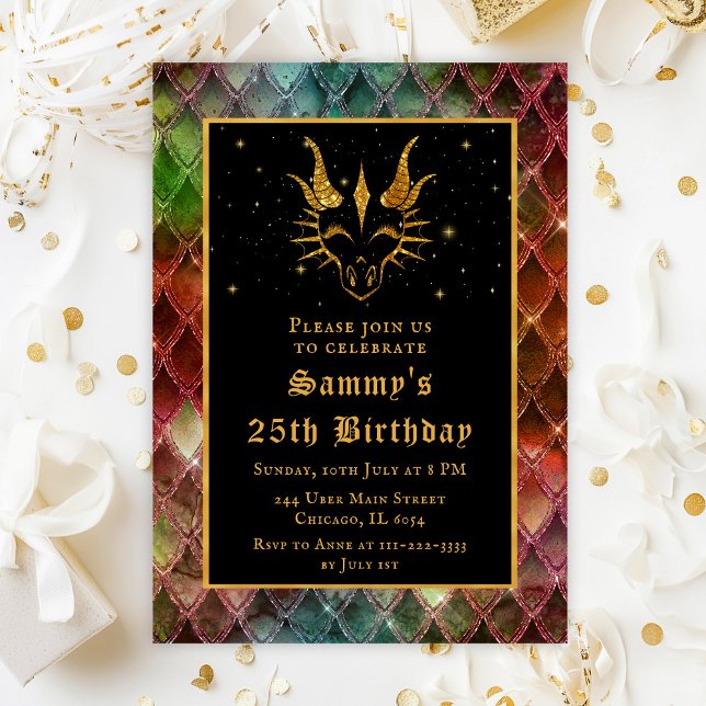 Rainbow Dragon Scales Gold Faux Glitter Birthday Invitation (Creator Uploaded)