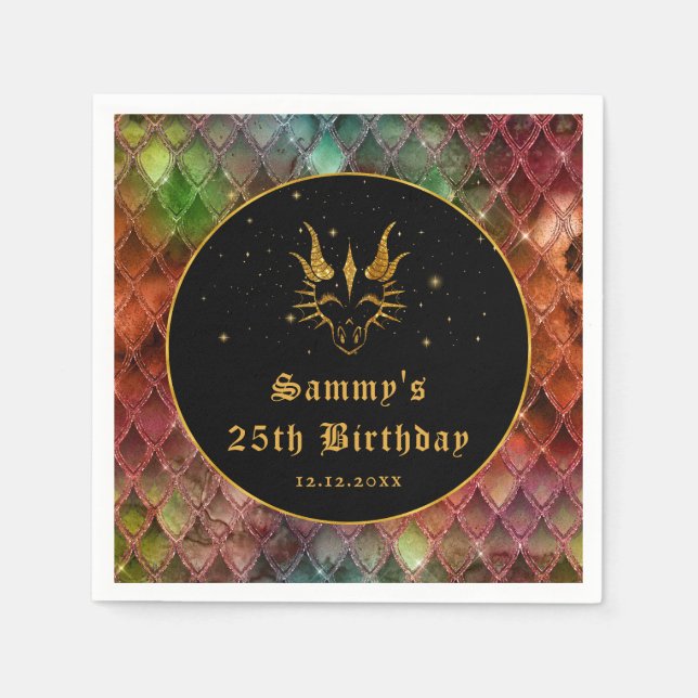 Rainbow Dragon Scales Gold Faux Glitter Birthday Napkin (Front)