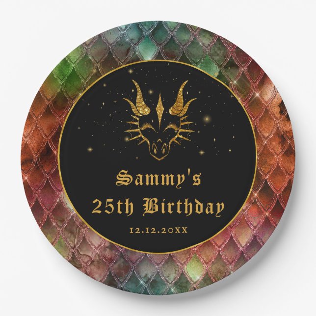 Rainbow Dragon Scales Gold Faux Glitter Birthday Paper Plate (Front)
