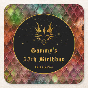 Rainbow Dragon Scales Gold Faux Glitter Birthday Square Paper Coaster