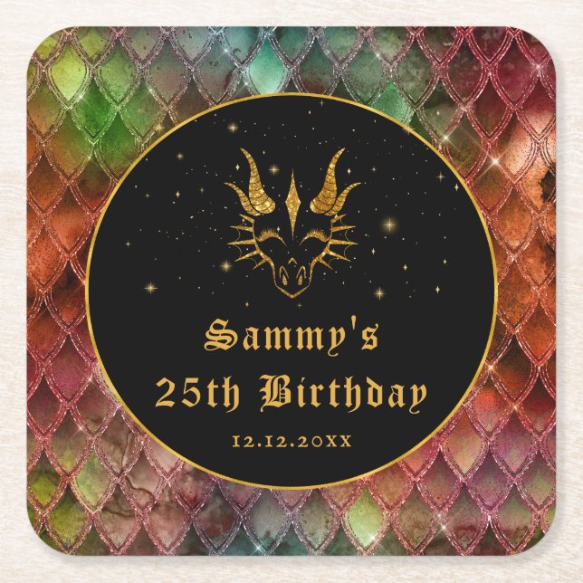 Rainbow Dragon Scales Gold Faux Glitter Birthday Square Paper Coaster (Front)