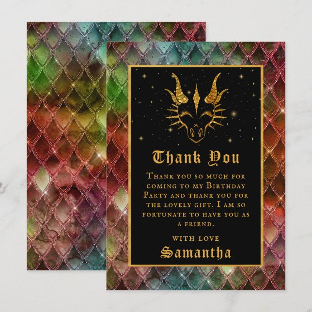 Rainbow Dragon Scales Gold Faux Glitter Birthday Thank You Card (Front/Back)