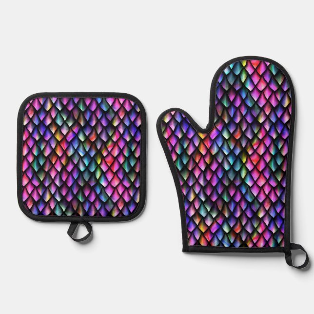 Rainbow Dragon Scales Oven Mitt Set (Front)
