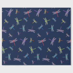 Rainbow Dragonflies on Midnight Blue Wrapping Paper
