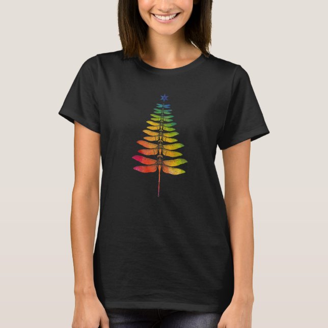 Rainbow Dragonfly Christmas Tree Fairycore Aesthet T-Shirt (Front)