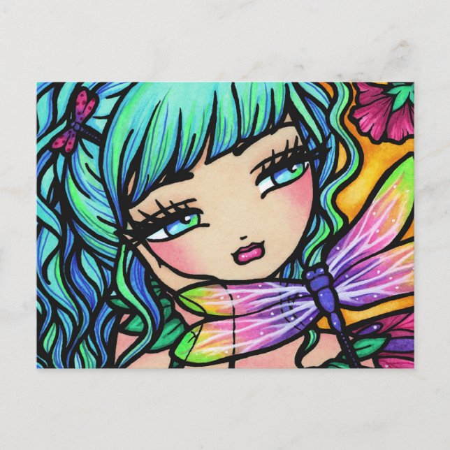 Rainbow Dragonfly Flower Fairy Fantasy Postcard (Front)