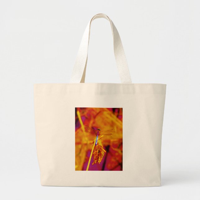 Rainbow Dragonfly on amber and fuschia Large Tote Bag (Front)
