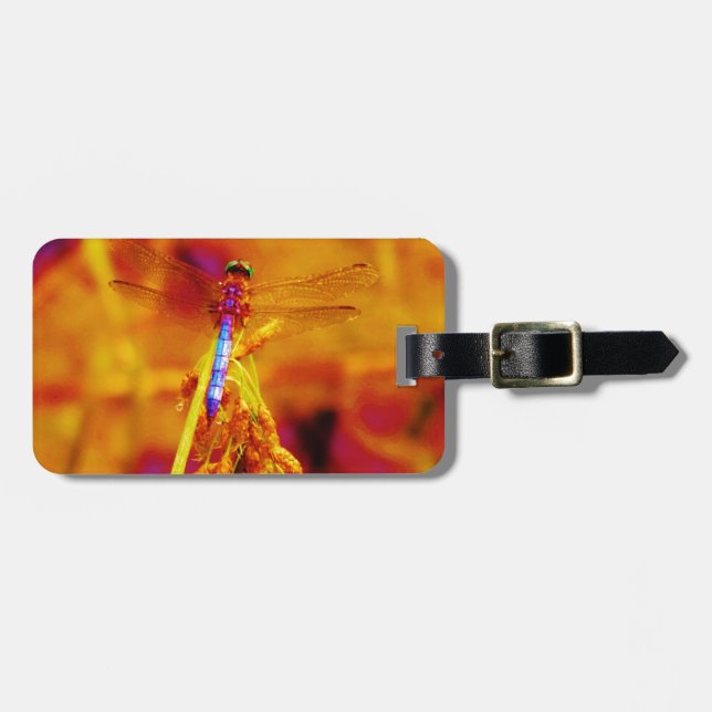 Rainbow Dragonfly on amber and fuschia Luggage Tag (Front Horizontal)