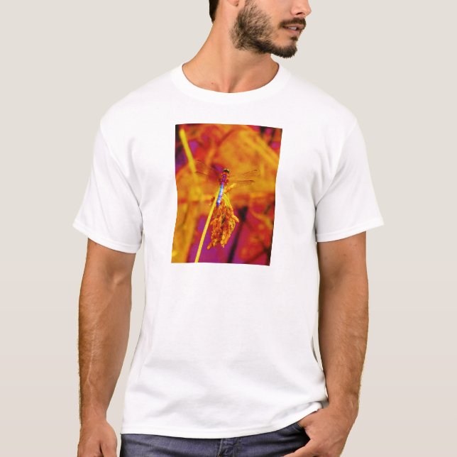 Rainbow Dragonfly on amber and fuschia T-Shirt (Front)