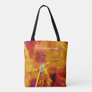 Rainbow Dragonfly Orange pink background w/ Name Tote Bag