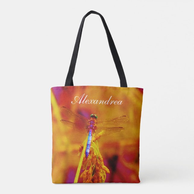 Rainbow Dragonfly  Orange pink background  w/ Name Tote Bag (Back)