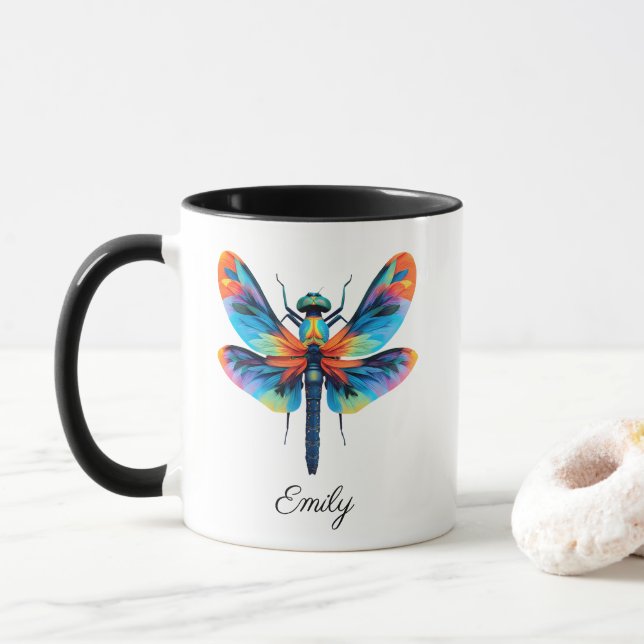 Rainbow Dragonfly Personalized Name  Mug (With Donut)