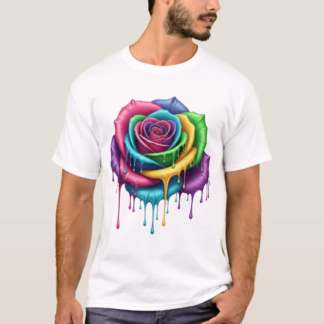 Rainbow Drip Rose – Artistic Bloom Tee (Front)