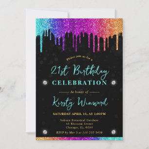 Rainbow Dripping Glitter Bokeh 21st Birthday Invitation