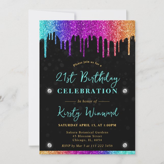 Rainbow Dripping Glitter Bokeh 21st Birthday Invitation (Front)
