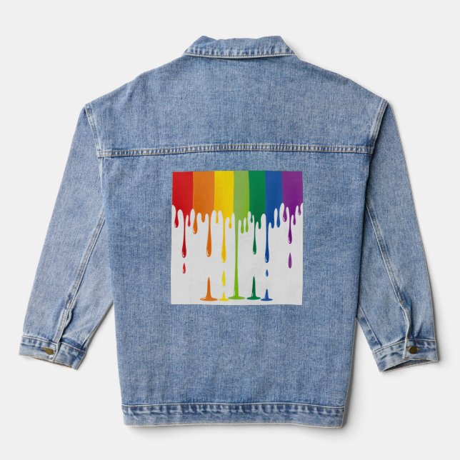 Rainbow Dripping Paint Liquid Abstract Art Denim Jacket (Back)