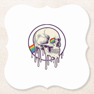 Rainbow Dripping Skull Vintage Engraving Design_1 Paper Coaster