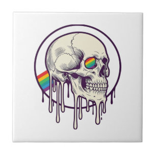 Rainbow Dripping Skull Vintage Engraving Design_1 Tile