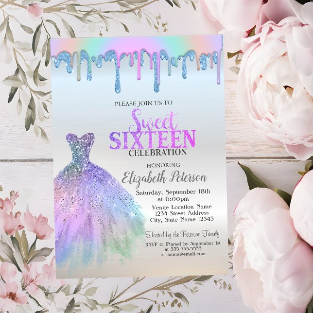 Rainbow Drips,Colorful Dress Silver Sweet 16 Invitation (Creator Uploaded)