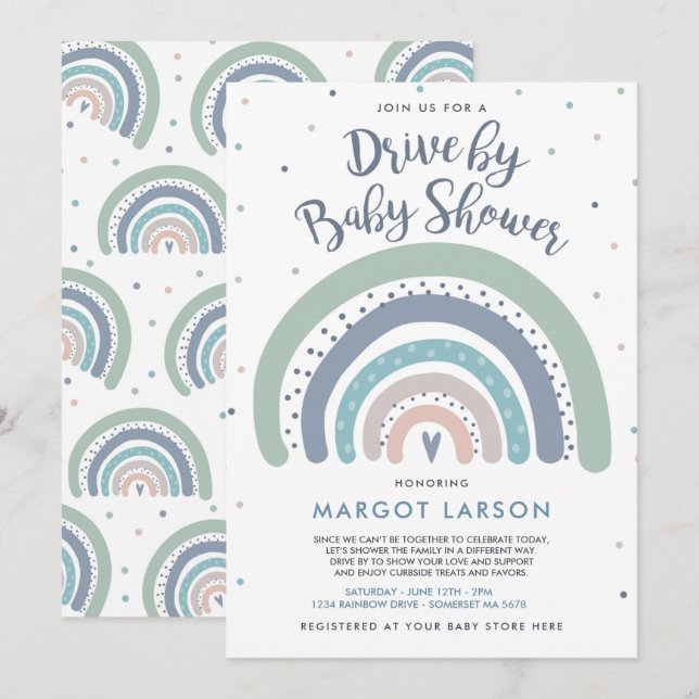 Rainbow Drive By Baby Shower Muted Tones Rainbow Invitation (Front/Back)