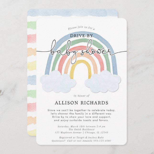 Rainbow drive-by drive through baby shower invitation (Front/Back)