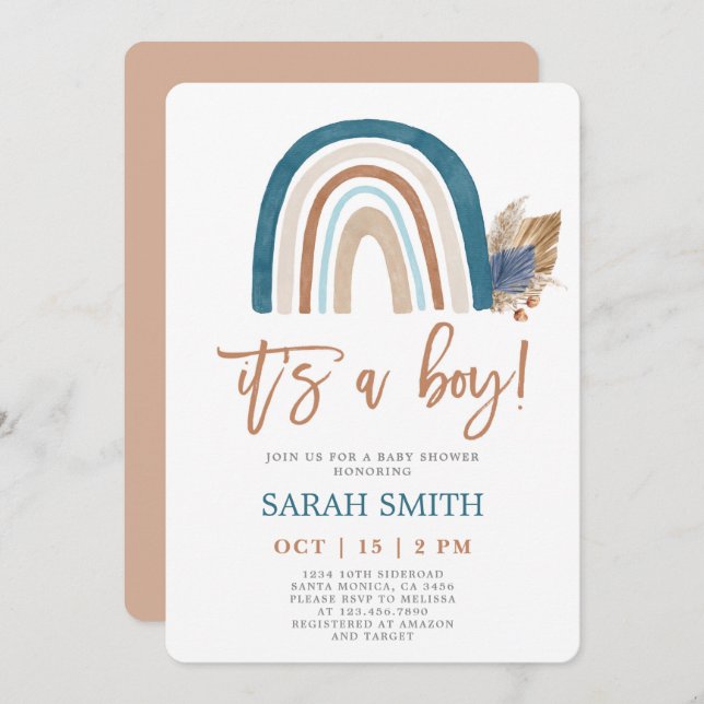 Rainbow Dusty Blue boho Baby Shower boy Invitation (Front/Back)