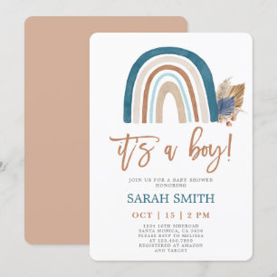 Rainbow Dusty Blue boho Baby Shower boy Invitation