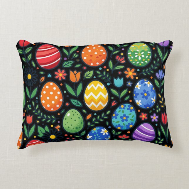Rainbow Easter Eggs & Flowers Decorative Cushion (Front)
