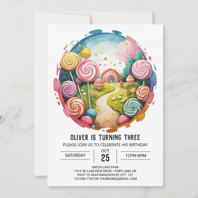  Rainbow Editable Lollipop Birthday Invitation (Front)