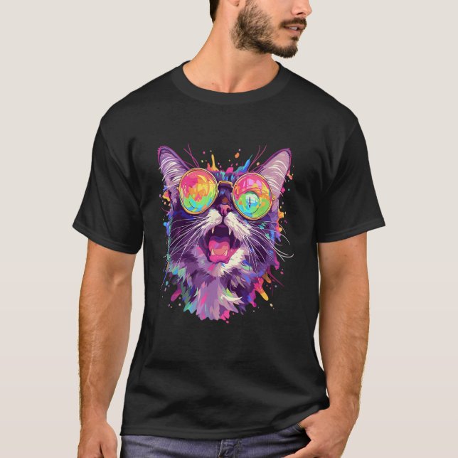 Rainbow EDM Cat Trippy Party  T-Shirt (Front)