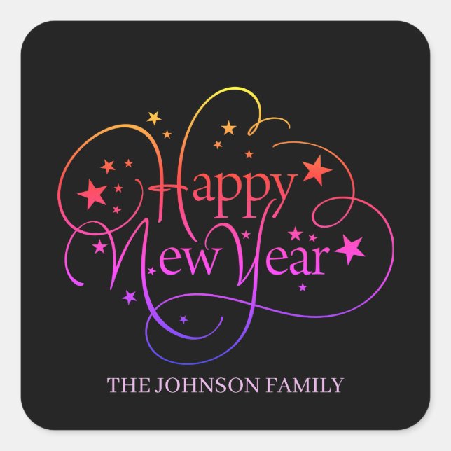 Rainbow Elegant Happy New Year Script Square Sticker (Front)