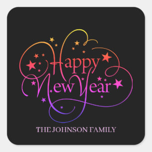 Rainbow Elegant Happy New Year Script Square Sticker