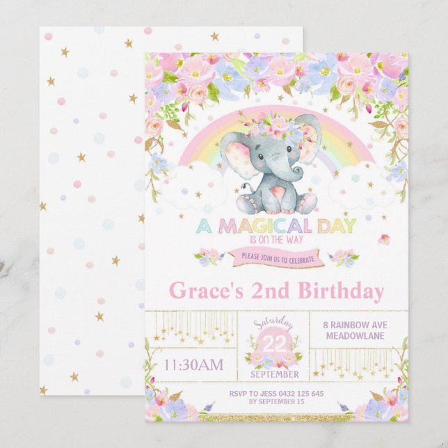 Rainbow Elephant Birthday Party Invitation Girl (Front/Back)