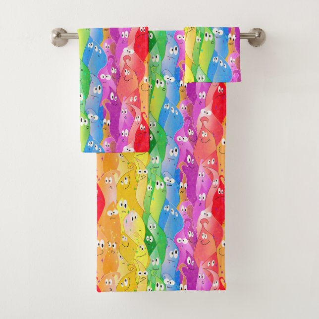 Rainbow Emoting Blob Cute Monsters in Pride Colour Bath Towel Set (Insitu)