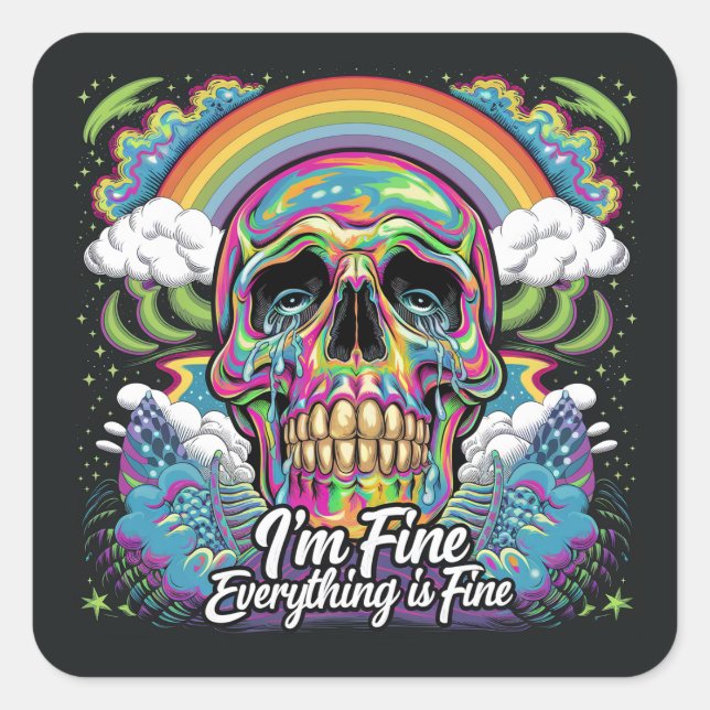 Rainbow Everything is Fine Skull Square Sticker (Front)