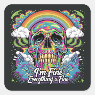Rainbow Everything is Fine Skull Square Sticker