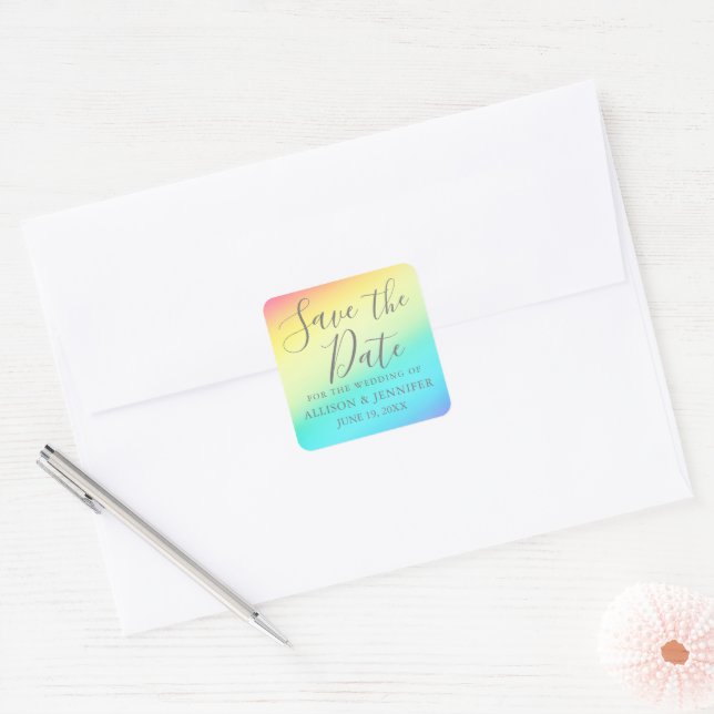 Rainbow Fade Cheerful LGBTQ Save the Date Square Sticker (Envelope)