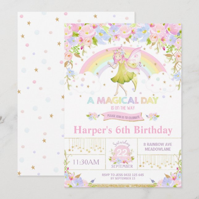 Rainbow Fairy Birthday Invitation Girl (Front/Back)
