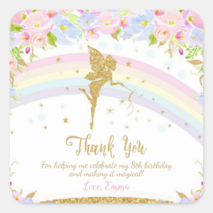 Rainbow Fairy Birthday Party Thank You Favour Square Sticker