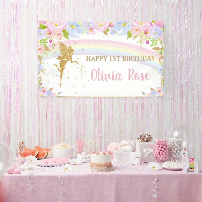 Rainbow Fairy Pink Blue Floral Birthday Backdrop B Banner (Party)