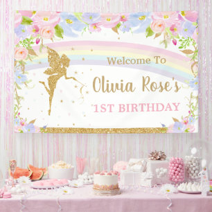 Rainbow Fairy Pink Blue Floral Birthday Backdrop Banner