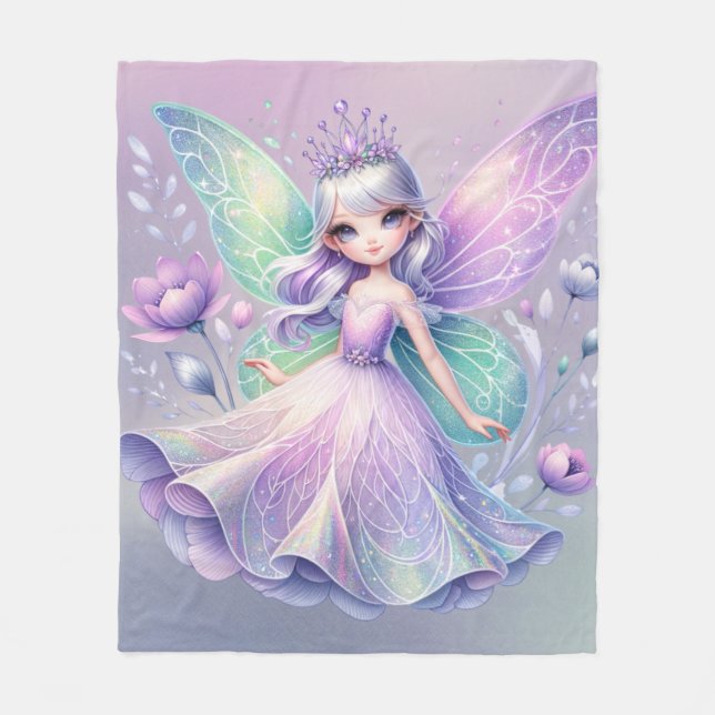 Rainbow Fairy Princess With Peony Floral Girl’s Fleece Blanket (Front)