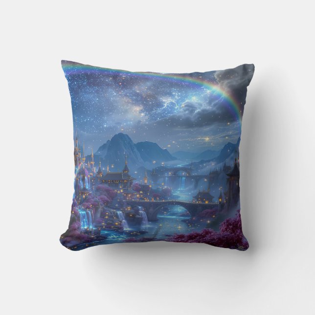 Rainbow Fantasy Castle Throw Pillow (Front)