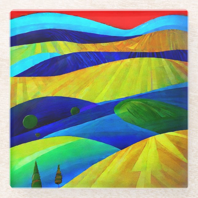 Rainbow Fantasy Hills Landscape Glass Coaster (Front)