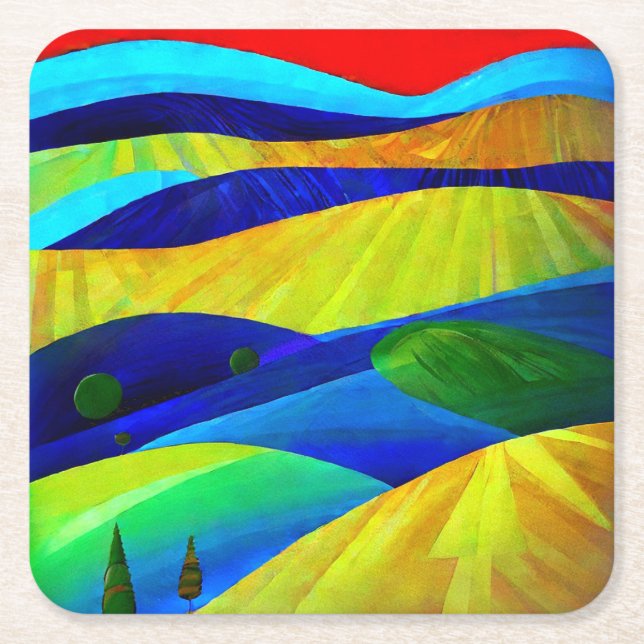 Rainbow Fantasy Hills Landscape Square Paper Coaster (Front)