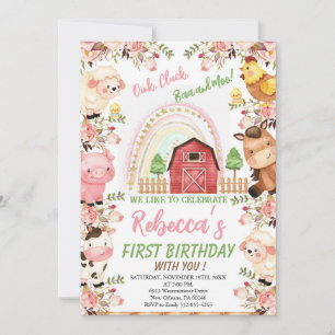 Rainbow & Farm Birthday for Girl, Farm Animals Invitation