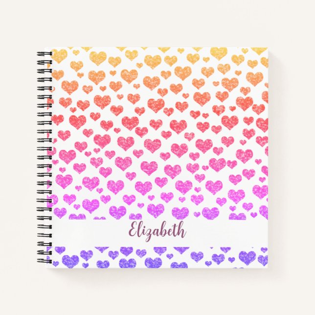 Rainbow Faux Glitter Hearts Bright Colourful Custo Notebook (Front)