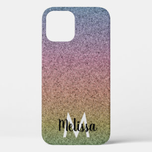 Rainbow Faux Glitter Pattern Initial Name iPhone 12 Case